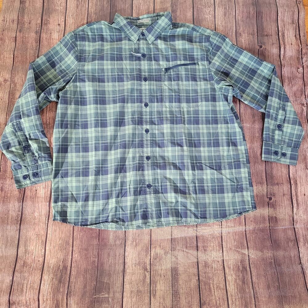 Duluth Button Down Mens 2XL Green Plaid Ridgecrest Wicking UPF50 Odor Blocking